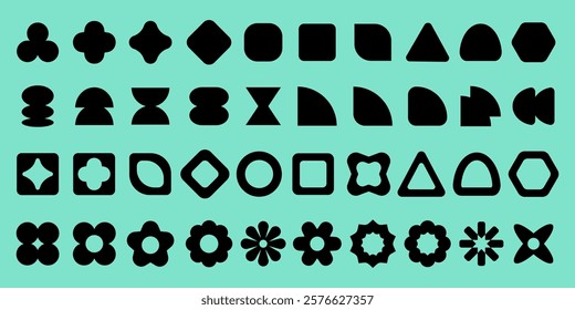 Collection of black geometric shapes on a teal background. Shapes include circles, squares, triangles, and hexagons. Geometric shapes for design. Black shapes, vector element set.