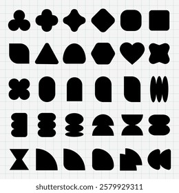 Collection of black geometric shapes on grid background. Shapes include circles, squares, triangles, and hexagons. Geometric shapes for design projects. Black shapes, vector element set.