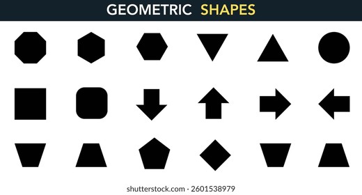A collection of black geometric shapes and symbols arranged in a grid format. Includes various shapes like circles, polygons, arrows, and decorative elements ideal for graphic design.
