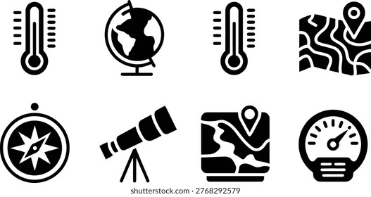A collection of black glyph icons representing weather conditions, geographical tools, and navigational instruments.