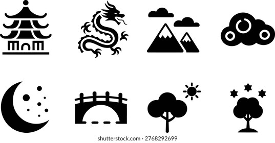 A collection of black glyph icons representing traditional Chinese cultural symbols and natural scenery.