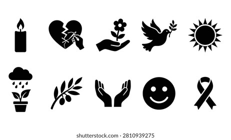 Collection of black glyph icons representing a variety of concepts including a burning candle, mended heart, growing flower, dove with olive branch, shining sun, rain cloud, olive branch, cupped hands, smiling face, and awareness ribbon.