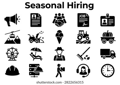 A collection of black glyph icons representing seasonal employment, recruitment, and various industry job roles.