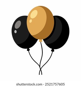 A collection of black and gold colored balloons set against a white background