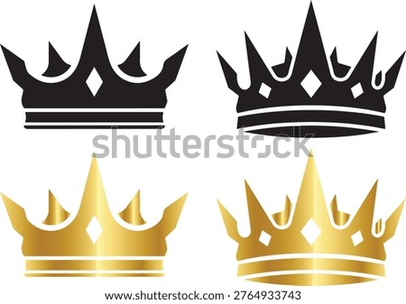 Collection of black and gold crowns, symbolizing monarchy, power, and elegance. Vector graphics.