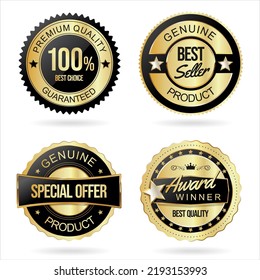 Collection of black and gold quality badges and labels
