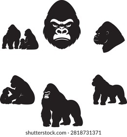Collection of black gorilla silhouette vector illustrations featuring standing gorilla, gorilla head, silverback gorilla, ape icons, and wildlife logo designs. Minimal flat vector style isolated on white background, ideal for branding, stickers, decals, t-shirt prints, mascots, zoo, and nature-themed graphic projects