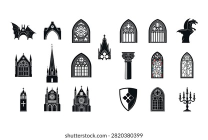 A collection of black gothic architecture elements and heraldic symbols isolated on a white background, including windows, spires, and a dragon.
