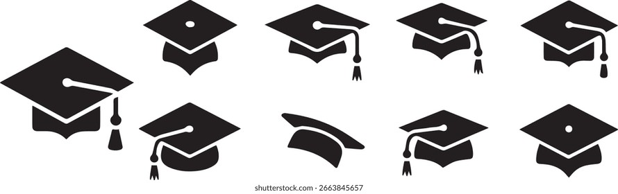 Eine Kollektion schwarzer Graduierungskappen mit und ohne Quasten werden auf weißem Hintergrund angezeigt.