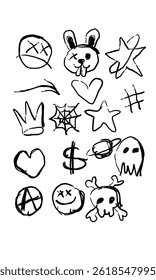 Coleção de grafite preto estilo doodle no fundo branco. Consiste em várias ilustrações como rostos sorridentes, coelhos, estrelas, corações, coroas, teias de aranha, hashtags, cifrões, planetas.