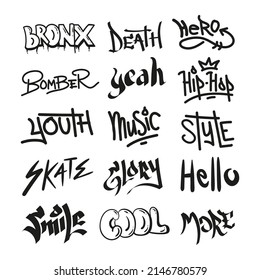 Collection of Black graffiti text, tags vector illustration design with street art style