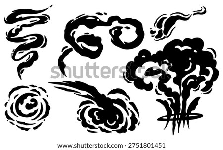  A collection of black graphic elements depicting various smoke, cloud, and explosion shapes, including swirls, plumes, and a mushroom cloud.