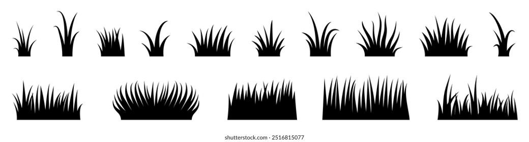 Collection of black grass silhouettes in different shapes and lengths, ideal for nature-themed designs, landscaping graphics, or decorative elements.