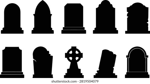 Collection of Black Gravestone Silhouettes on White Background