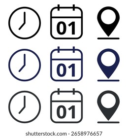 Colección de iconos de eventos negros, grises y azules oscuros aislados sobre un fondo transparente para Sitios web y recursos gráficos. Calendario con día específico del evento marcado, día 01.