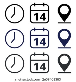 Coleção de ícones de eventos em preto, cinza e azul-escuro isolados em um plano de fundo transparente para sites e recursos gráficos. Calendário com o dia específico marcado, dia 14.