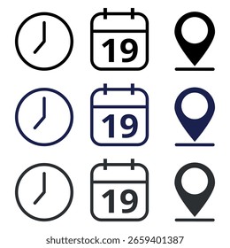 Coleção de ícones de eventos em preto, cinza e azul-escuro isolados em um plano de fundo transparente para sites e recursos gráficos. Calendário com o dia específico marcado, dia 19.