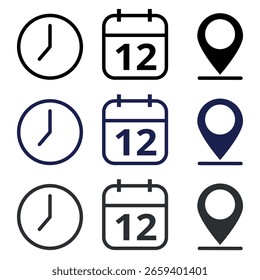 Colección de iconos de eventos negros, grises y azules oscuros aislados sobre un fondo transparente para Sitios web y recursos gráficos. Calendario con día específico del evento marcado, día 12.