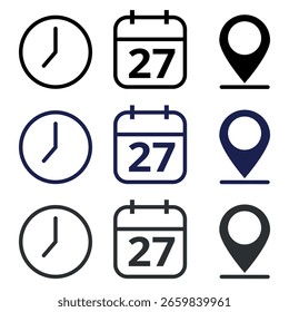 Colección de iconos de eventos negros, grises y azules oscuros aislados sobre un fondo transparente para Sitios web y recursos gráficos. Calendario con día específico del evento marcado, día 27.