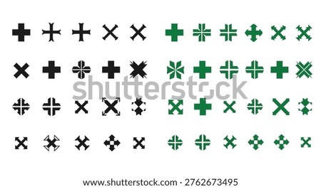 A collection of black and green cross and x symbols displayed in a distinctive silhouette style.