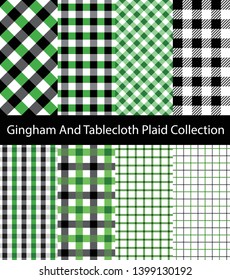Collection of Black and Green Gingham / Tablecloth patterns. Seamless checkered and square texture backgrounds.