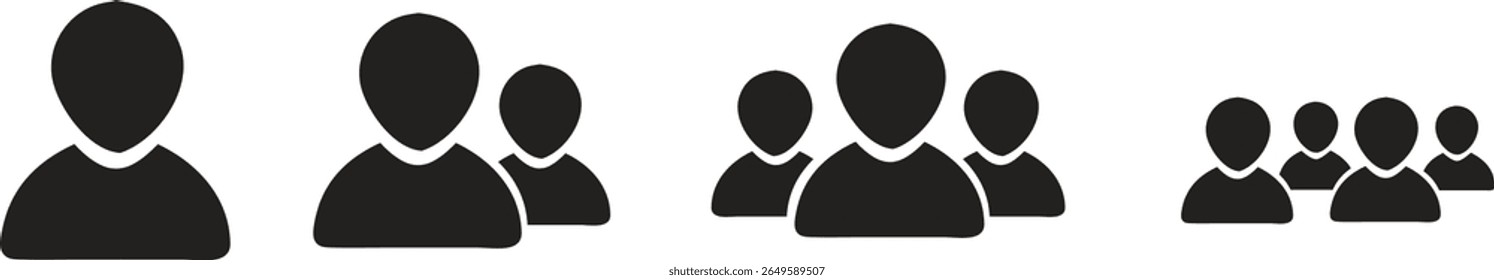 Collection of black group icon silhouettes representing people, teams, and communities in increasing numbers. Clean, scalable design for digital and print. Ideal for UI, apps, networks, and social med