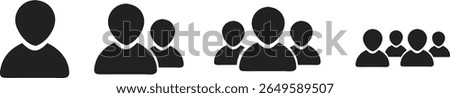 Collection of black group icon silhouettes representing people, teams, and communities in increasing numbers. Clean, scalable design for digital and print. Ideal for UI, apps, networks, and social med