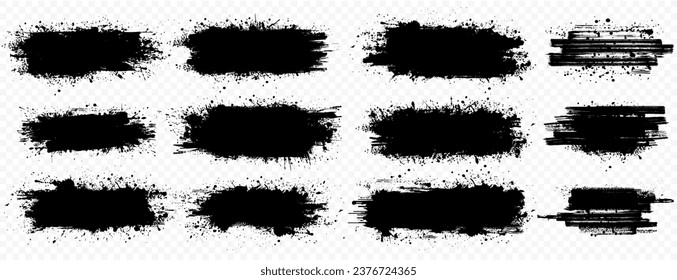 Collection Black Grunge Brush Strokes on Transparent Background for Design Elements and Textures. Ink brush stoke stencil. Rectangle text boxes. Isoleted black ink stencils for graphic design. Vector