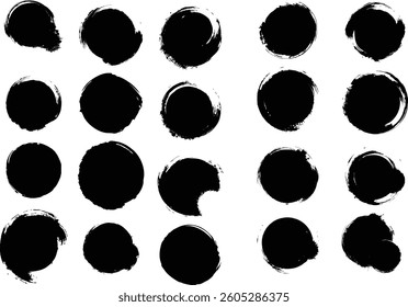 A collection of black grunge circle brush strokes featuring rough, hand-drawn ink textures. Perfect for abstract design, logos, badges, highlights, backgrounds, and creative projects