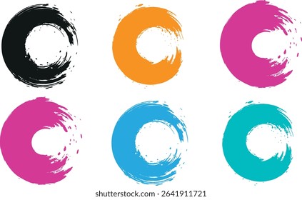 A collection of black grunge circular shapes on a white background, featuring paintbrush style stamps. Includes vector brush circles and distressed round designs. ink brush ellipse circle shape vector