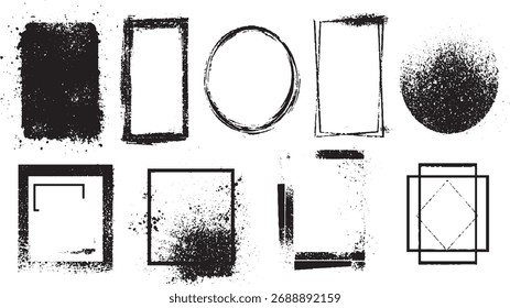 Colección de marcos negros de grunge y Formas abstractas con texturas afligidas y efectos de salpicadura.