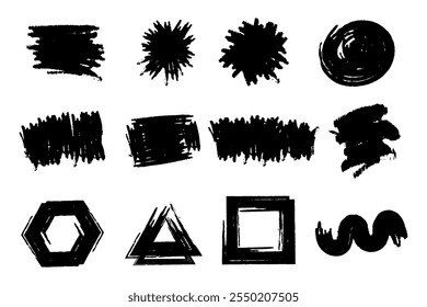 A collection of black grunge stroke shape with a white background