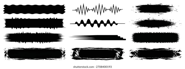 Collection of black grunge textures and abstract sound wave graphics on white background