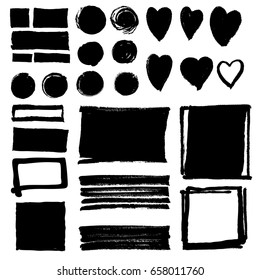 Collection of black grungy ink blots. Isolated hand drawn texture design elements. Text boxes, lines, circles, hearts, brush strokes, squares, frames. Hand drawn backdrops. Vector illustration