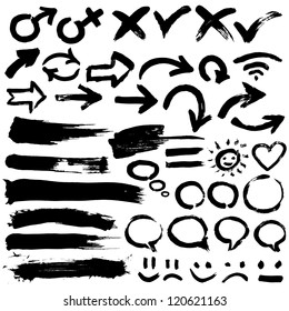 A collection of black grungy vector abstract hand-painted brush and  stroke arrows