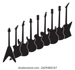 A collection of black guitar silhouettes on a white background