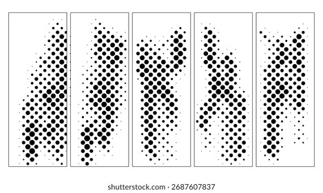 Uma coleção de padrões de meio-tom preto em branco, cada painel mostrando uma forma diferente, com orientação vertical, composta de círculos pretos de tamanhos variados para efeitos visuais diversos