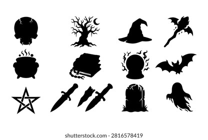 A collection of black Halloween silhouettes featuring a skull, cauldron, bat, witchâ€™s hat, and other spooky elements, presented as a distinctive silhouette style.