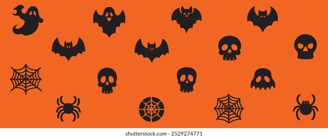 Collection of black Halloween-themed icons, including ghosts, skulls, bat, spider, and spider web, arranged in two rows on a orange background.