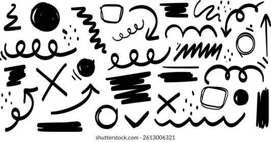 	
A collection of black hand drawings of various shapes, arrows, and lines	