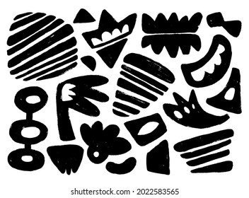 Colección de formas gráficas abstractas dibujadas a mano negra en un fondo blanco.