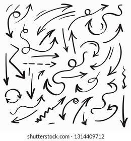 Collection of black hand drawn arrows isolated on white background. Vector illustration.