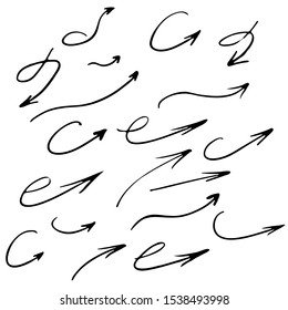 Collection of black hand drawn arrows. Vector monochrome illustration on a white background.
