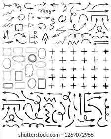 Collection of black hand drawn arrows,frames and plus symbols isolated on white background. Simple, grunge, sketch, modern style. Vector illustration