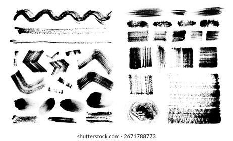 Colección de trazos de pincel dibujados a mano en negro, diferentes texturas y Formas. Líneas ásperas, marcas grunge, manchas, trazos audaces, remolinos, salpicaduras de Elementos pintados abstractos. Vector efecto semitono.