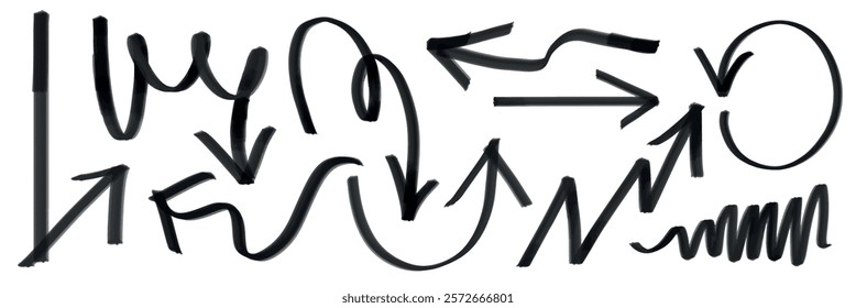 A collection of black hand-drawn arrows and lines in various directions and styles, including curved, zigzag, and circular arrows on a white background. Hand drawn doodles element set. Vectors.
