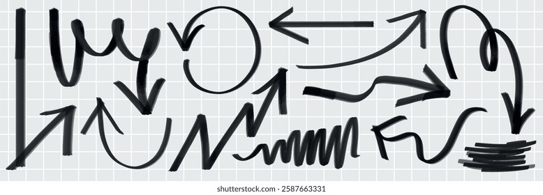Collection of black hand-drawn arrows on a grid background. Arrows in various directions, styles, and sizes. Hand-drawn arrows for creative design. Hand drawn doodles element set. Vectors.