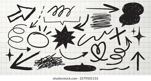 A collection of black hand-drawn arrows, scribbles, and symbols on a grid background. Arrows and scribbles in various styles and directions. Hand drawn doodles element set. Vectors.