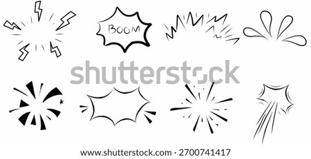 Collection of black hand-drawn comic explosion shapes and burst effects. Includes boom bubbles, lightning sparks, and motion lines. Perfect for pop art, stickers, or comic design projects.