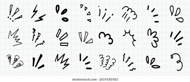 A collection of black hand-drawn doodles on graph paper. Includes exclamation marks, arrows, and squiggles vector set